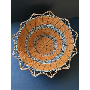 Kenya Tanzania Masai African Glass Seed Bead Handmade Wire Basket Bowl 9” Artsy